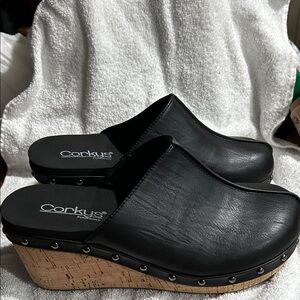 Corkys Black Leather Wedge Mules